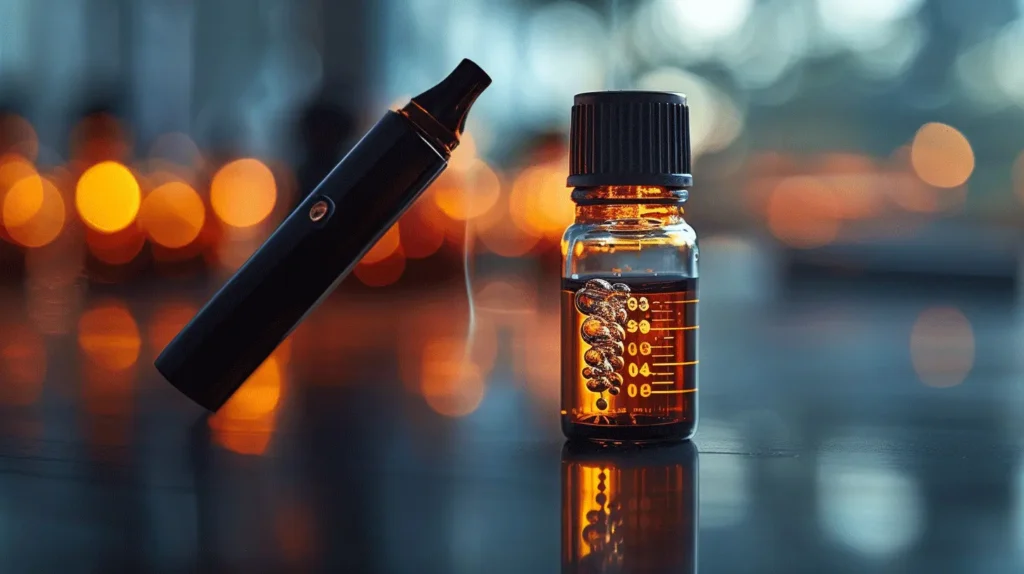 Cigarette électronique puff noire et flacon de e-liquide sur un bureau brillant, éclairés par des lumières orangées en arrière-plan, illustrant une concentration de 2 mg de nicotine dans une puff, idéal pour ceux qui recherchent une expérience de vapotage avec une dose modérée de nicotine.