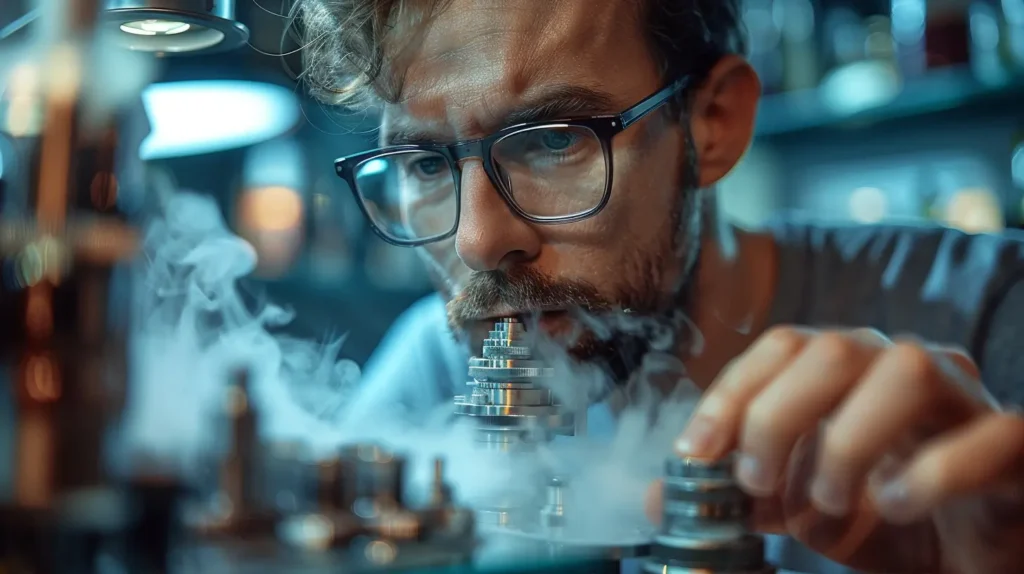 Un homme portant des lunettes examine de près des pièces de cigarettes électroniques, entouré de vapeur. Cette image montre la précision et l'attention aux détails nécessaires pour assembler et comprendre le fonctionnement des cigarettes électroniques.