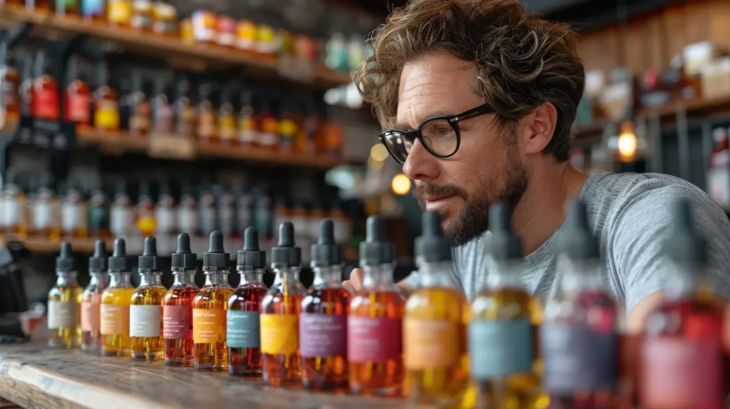 Un homme avec des lunettes observe attentivement une rangée de bouteilles d'e-liquides de différentes couleurs et saveurs dans une boutique spécialisée. Cette image illustre la variété des choix disponibles pour les vapoteurs.