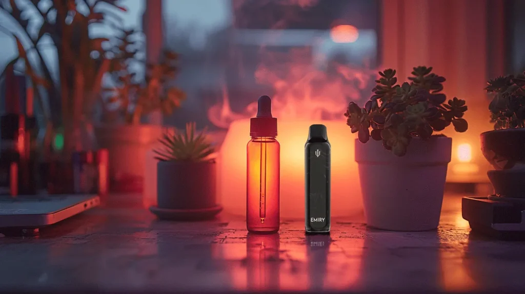 Flacon de e-liquide illuminé par une lumière tamisée à côté d'une cigarette électronique type puff sur un bureau avec des plantes en arrière-plan, illustrant une ambiance relaxante de vapotage. Cette image soulève la question : combien de nicotine contient une puff ? Idéal pour ceux qui recherchent des informations sur les niveaux de nicotine dans les cigarettes électroniques.