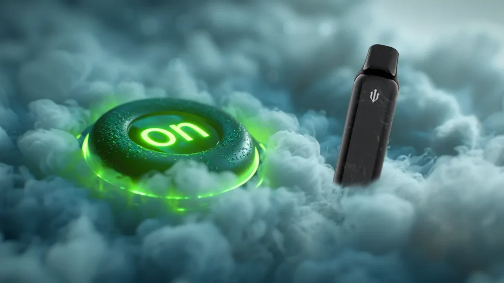 Illustration montrant une puff noire à côté d'un bouton vert lumineux marqué 'on', entourés de nuages de vapeur, expliquant comment allumer une puff.