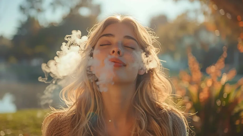 Une jeune femme aux cheveux blonds, les yeux fermés, est assise à l'extérieur par une belle journée ensoleillée. Elle exhale doucement de la vapeur en souriant, illustrant le plaisir de vapoter pour arrêter de fumer.