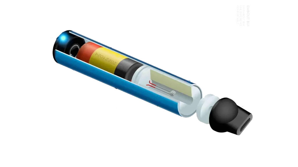 Une illustration montrant les composants internes d'une puff cigarette électronique, incluant la batterie, le réservoir et l'atomiseur