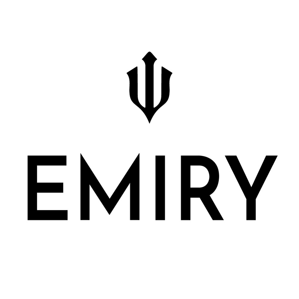 Logo de la marque EMIRY, représentant un blason stylisé avec un double V inversé en noir sur fond blanc, évoquant modernité et élégance dans le design de cigarettes électroniques.