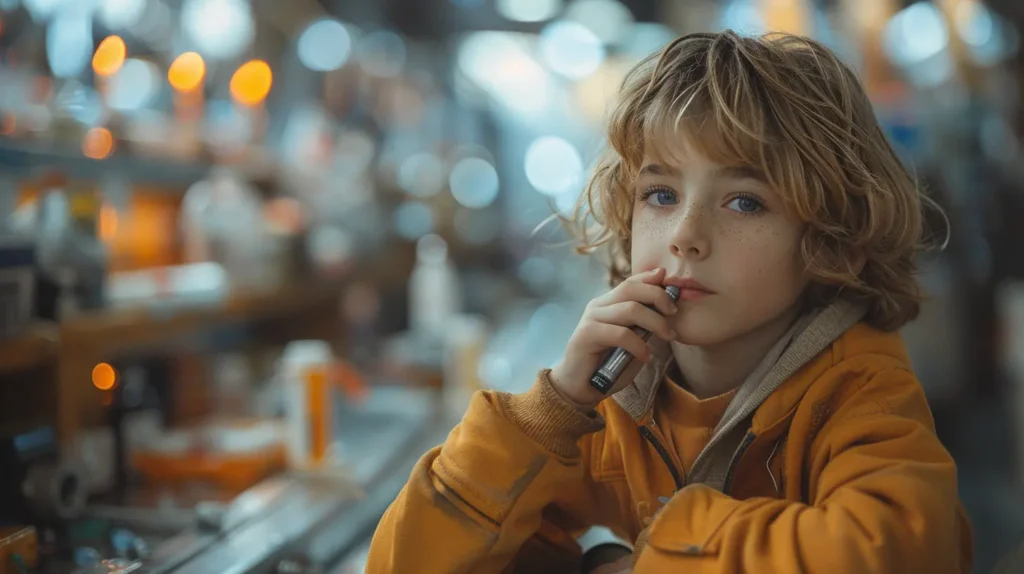 Jeune garçon aux yeux bleus et veste orange tenant une cigarette électronique puff dans un environnement industriel, illustrant la question : Est-ce qu’un mineur peut acheter une puff ?