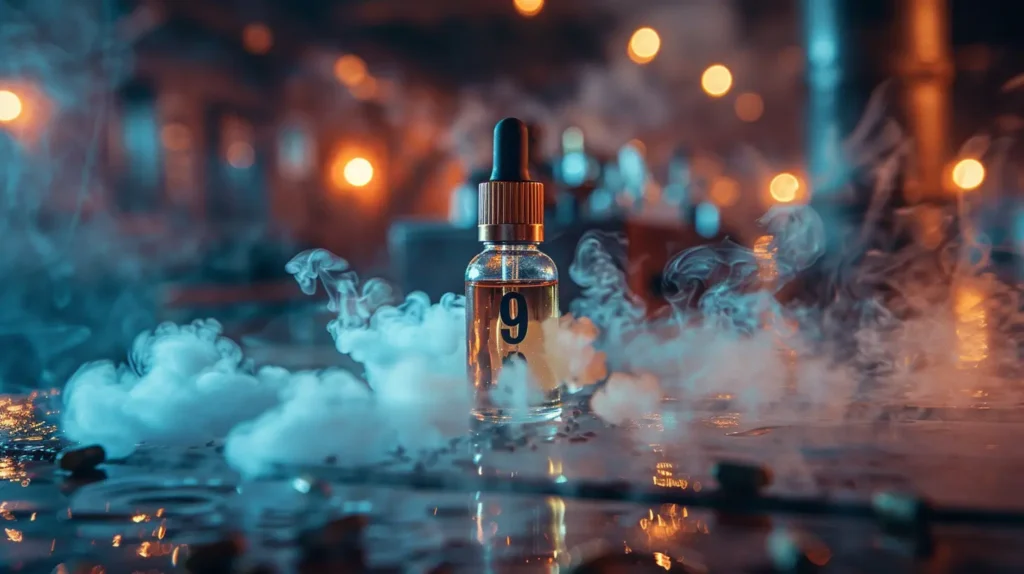 Bouteille de e-liquide avec un numéro 9 entourée de vapeur, posée sur une table dans une ambiance lumineuse tamisée, représentant la question "Est-ce que 09 de nicotine est dangereux ?".