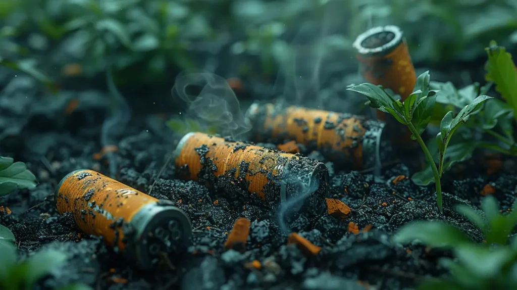 Des batteries de puff cigarettes enfouis dans le sol avec de jeunes plantes environnantes, illustrant l'impact environnemental.