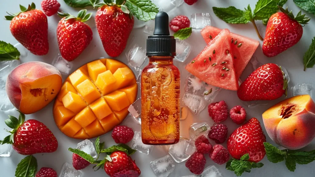 Flacon de e-liquide entouré de fruits frais tels que fraises, mangue, pastèque, et myrtilles sur un fond glacé, illustrant les différentes saveurs de vape juice disponibles pour les cigarettes électroniques. Une représentation visuelle des options de saveurs naturelles et rafraîchissantes pour les vapoteurs.