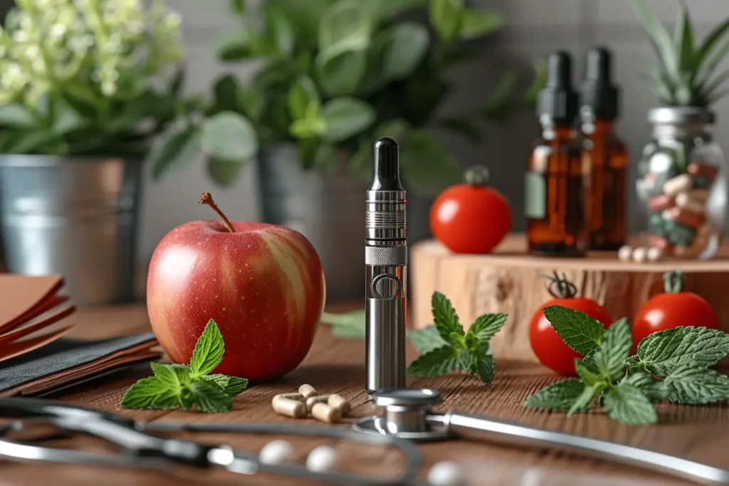 Une cigarette électronique placée sur une table en bois entourée de pommes, de tomates, de plantes vertes et de pilules, illustrant une approche holistique de la santé et du bien-être.