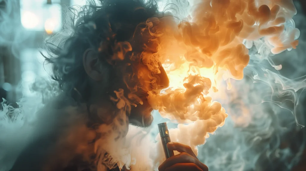 Un homme expulse un épais nuage de vapeur en utilisant une cigarette électronique, illustrant la puissance et l'efficacité de l'appareil pour les gros fumeurs. Cette image capture un moment intense de vapotage, mettant en évidence la capacité du dispositif à produire une grande quantité de vapeur, ce qui peut être idéal pour les fumeurs expérimentés à la recherche de la Meilleure cigarette électronique pour gros fumeur.