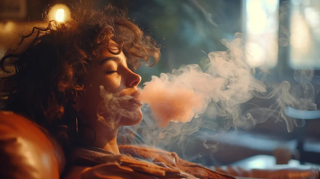 Femme allongée sur un canapé expirant un nuage de vapeur de cigarette électronique puff, créant une atmosphère détendue et confortable.