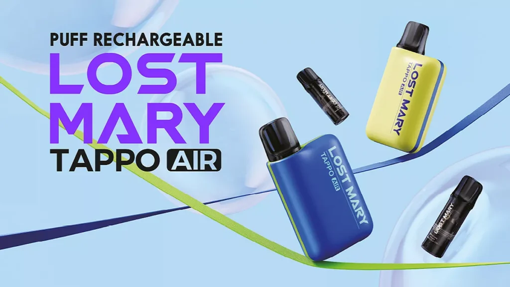 Publicité pour les puffs rechargeables Lost Mary Tappo Air, montrant des dispositifs de vapotage en bleu et jaune vif sur un fond dynamique bleu ciel. Les pods noirs rechargeables sont disposés artistiquement avec des lignes graphiques vertes, soulignant le design moderne et la portabilité de ces cigarettes électroniques. Ce produit allie esthétique et fonctionnalité pour les vapoteurs à la recherche d'une option durable et élégante.