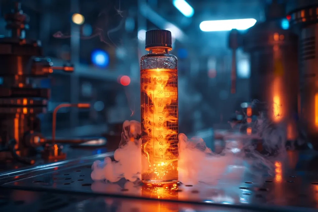 Un flacon de liquide pour cigarette électronique illuminé par une lumière orange, entouré de vapeur dans un environnement de laboratoire, mettant en avant l'innovation et la recherche dans le domaine du vapotage.