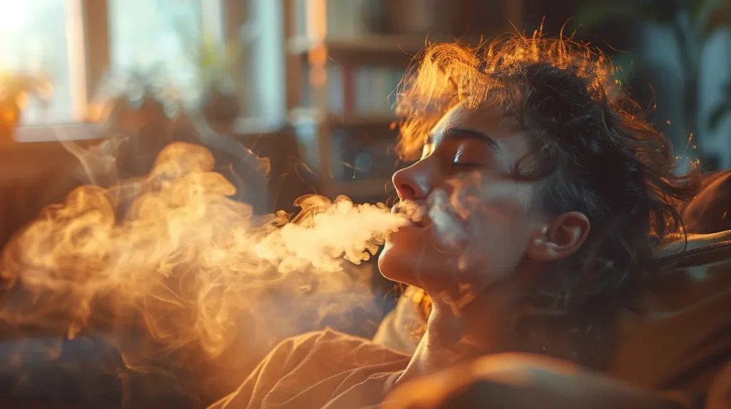 Une jeune femme allongée dans un environnement intérieur confortable, exhale un nuage dense de vapeur, baignée par une lumière douce et dorée. L'image capture un moment de détente et de plaisir associé au vapotage.