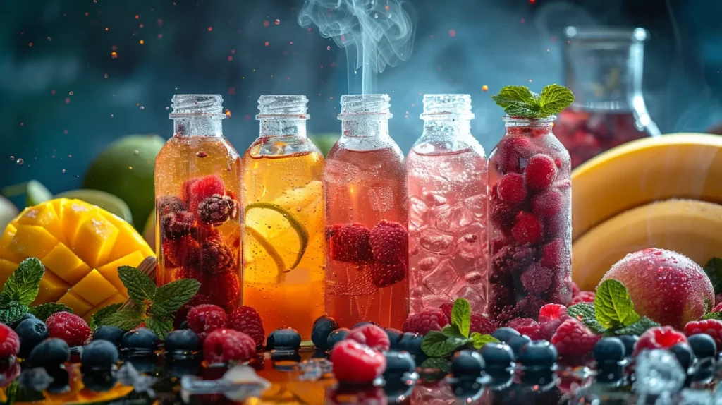 Bouteilles de e-liquide infusées aux fruits frais, incluant des framboises, des myrtilles, des tranches de citron, et de la mangue.