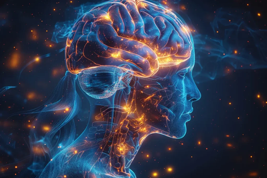 Une illustration numérique d'un cerveau humain avec des connexions lumineuses, symbolisant les effets neurologiques et sensoriels potentiels du vapotage.