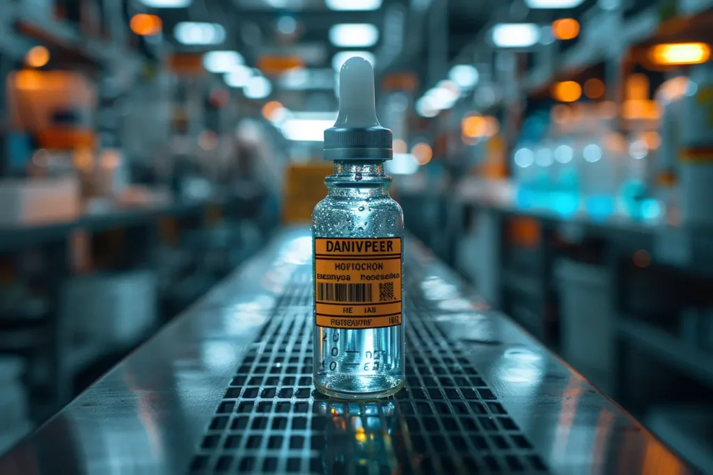 Un flacon de liquide pour cigarette électronique sur une table de laboratoire, représentant la précision et le contrôle dans la fabrication des e-liquides.