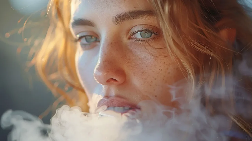 Gros plan sur une jeune femme aux yeux bleus qui utilise une cigarette électronique. Elle exhale de la vapeur, créant un effet brumeux autour de son visage, illustrant comment utiliser une cigarette électronique.