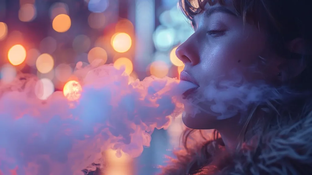 Femme exhalant de la vapeur de cigarette électronique dans une ambiance nocturne éclairée, illustrant le concept de Vape DL avec des lumières floues en arrière-plan.