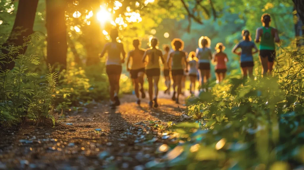 Un groupe de personnes courant dans un parc ensoleillé, symbolisant les activités physiques comme moyen efficace pour arrêter de fumer et améliorer la santé.