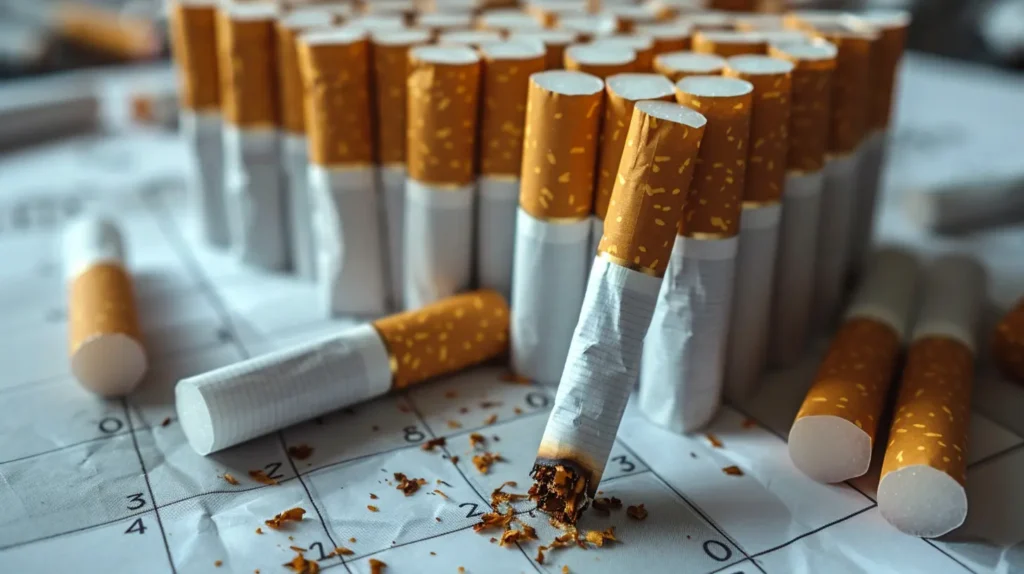 Un calendrier marqué avec des cigarettes, dont une est éteinte, représentant la lutte contre le tabagisme au quotidien et le processus d'arrêter de fumer du jour au lendemain.