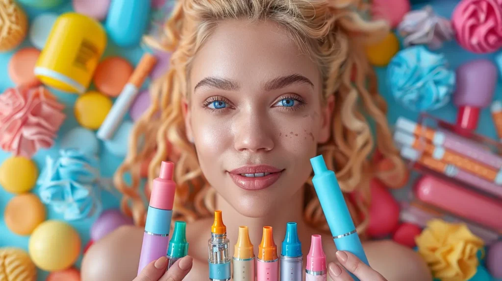 Une jeune femme blonde aux yeux bleus, entourée de vaporisateurs colorés et de divers accessoires, montre comment utiliser une cigarette électronique avec style et créativité. Elle tient plusieurs dispositifs colorés, illustrant la diversité des options de vapotage disponibles.