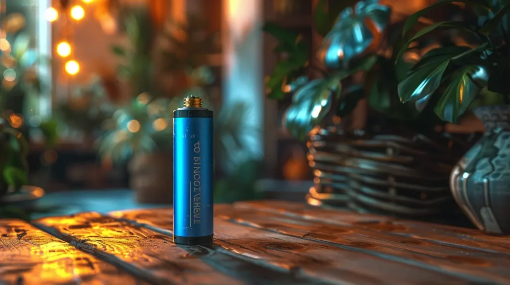 Flacon de e-liquide bleu pour cigarette électronique, placé sur une table en bois entourée de plantes vertes et de fleurs, illuminé par la lumière du soleil.