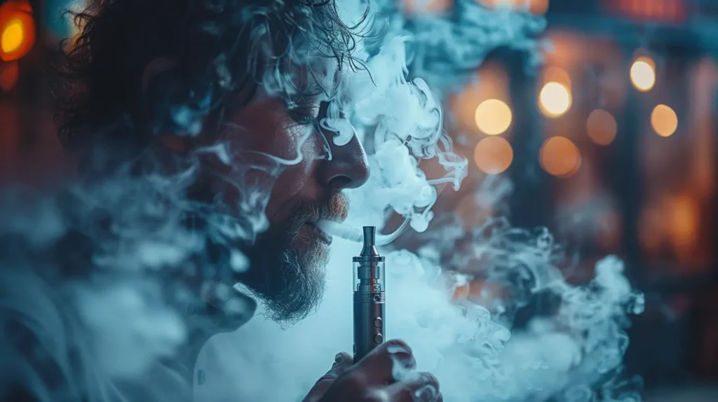 Homme utilisant une cigarette électronique dans une ambiance enfumée et éclairée, illustrant le concept de chain vaping avec de la vapeur dense entourant son visage.