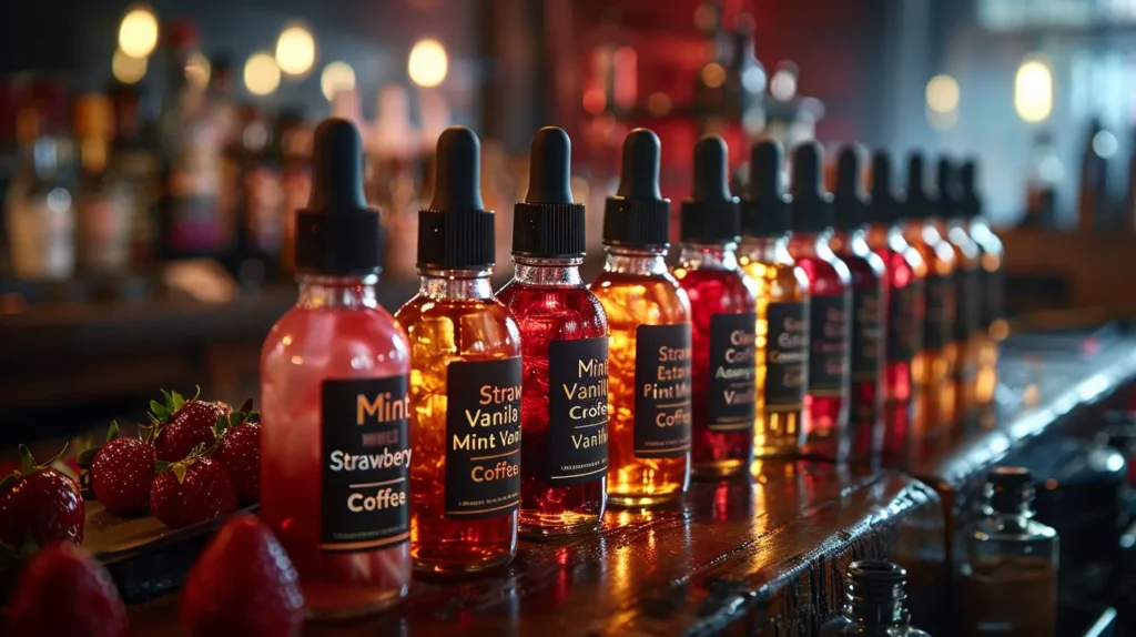 Une rangée de bouteilles d'e-liquides aux saveurs variées telles que menthe, fraise, vanille et café, est exposée sur un comptoir en bois dans une boutique de vapotage. L'éclairage chaleureux met en valeur la diversité des options disponibles pour les vapoteurs.