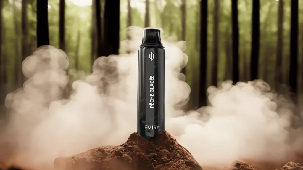 Cigarette électronique jetable EMIRY Aura Mini, saveur Pêche Glacée, mise en scène dans un environnement forestier mystique avec un fond de brume dense. Le dispositif noir se détache sur un rocher, évoquant un contraste entre la nature et la technologie moderne de vapotage. Cette image capte l'essence d'une expérience de vapotage rafraîchissante et aromatisée, intégrée harmonieusement dans le calme de la forêt.