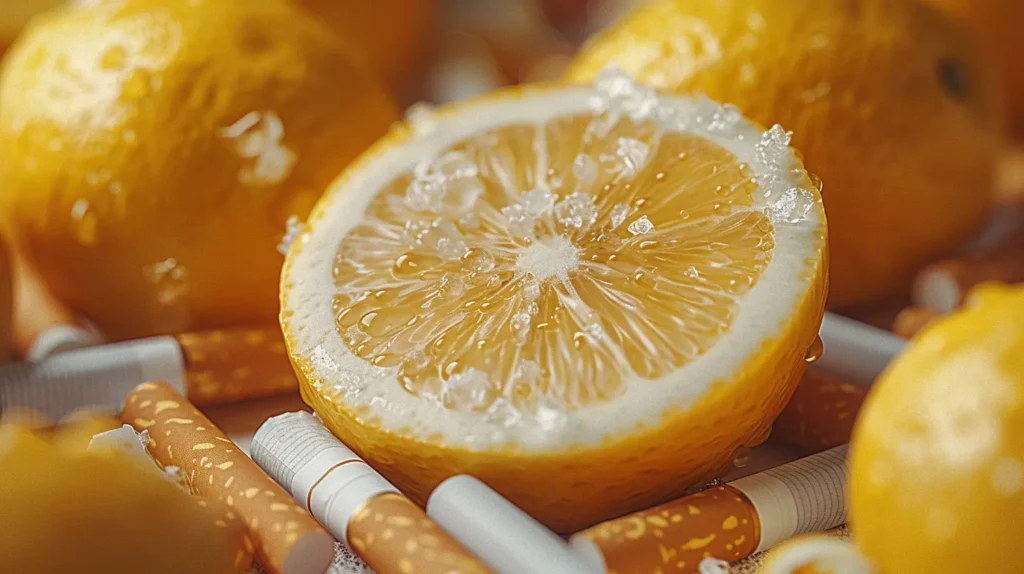 Un citron frais entouré de cigarettes, symbolisant l'utilisation du citron pour arrêter de fumer.