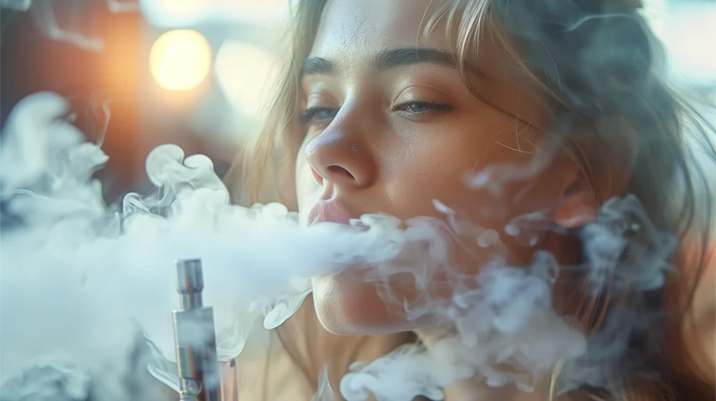 Gros plan sur une jeune femme tenant un vaporisateur et exhalant de la vapeur, illustrant comment vapoter. Elle semble concentrée et détendue, entourée de nuages de vapeur douce et blanche.