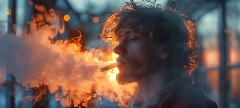 Un jeune homme avec des cheveux bouclés exhale un nuage dense de vapeur en utilisant une cigarette électronique, entouré de lumières chaleureuses en arrière-plan. Cette image illustre comment vapoter avec une cigarette électronique, mettant en avant la technique et l'ambiance relaxante associée à cette pratique.