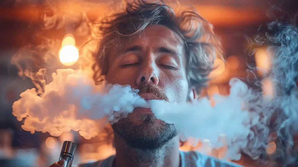 Un jeune homme aux cheveux ébouriffés, les yeux fermés, exhale un nuage dense de vapeur tout en tenant une cigarette électronique. L'image illustre comment vapoter correctement, mettant en avant une technique de vapotage qui maximise la production de vapeur et procure une sensation de détente.