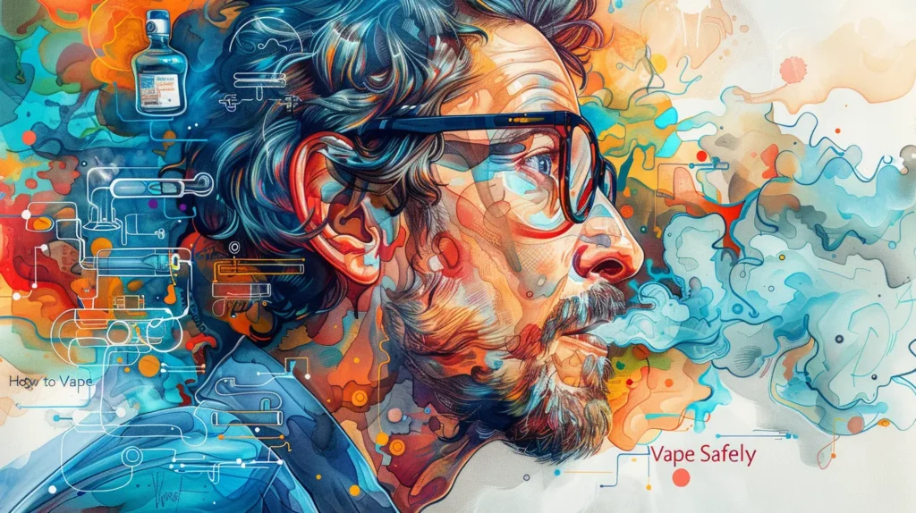 Illustration colorée d'un homme avec des lunettes, entouré de schémas techniques et exhalant de la vapeur, illustrant comment vapoter sans danger. Le mélange de couleurs vives et de lignes techniques souligne l'importance de la connaissance et de la sécurité dans le vapotage. Requête : comment vapoter sans danger.