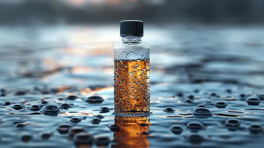  Flacon d'e-liquide sur une surface d'eau avec des bulles.