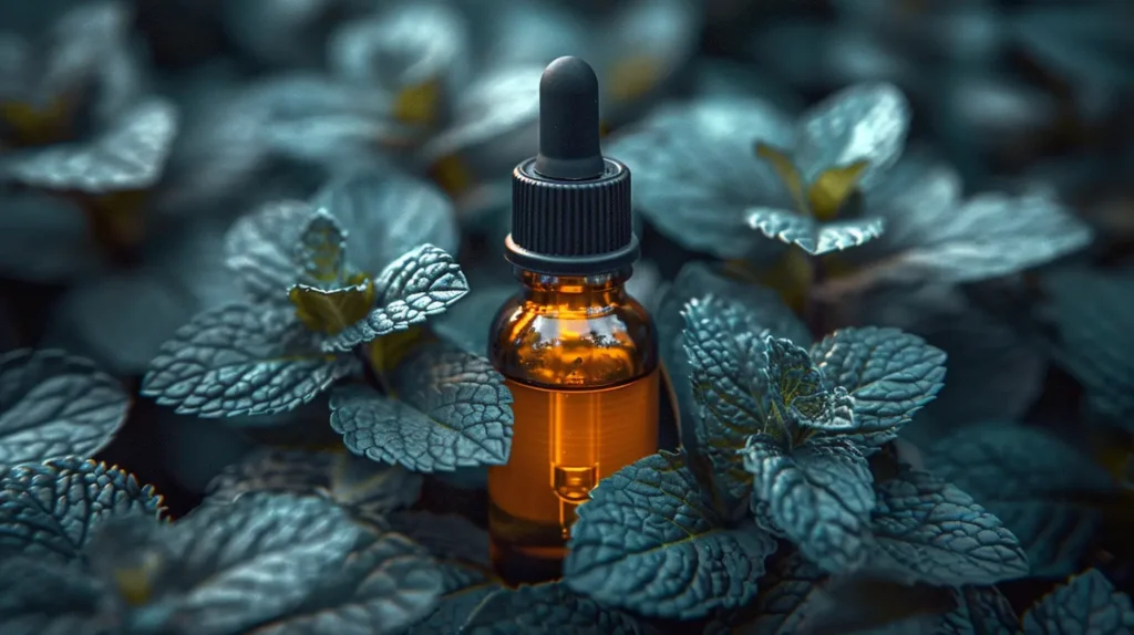 Flacon d'e-liquide à la menthe parmi des feuilles de menthe.