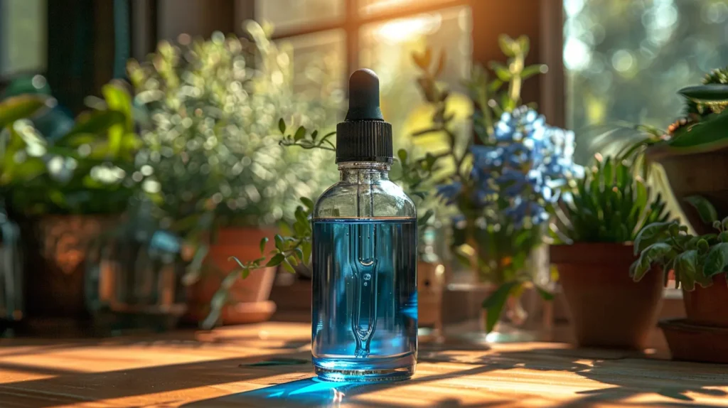 Flacon de e-liquide bleu pour cigarette électronique, placé sur une table en bois entourée de plantes vertes et de fleurs, illuminé par la lumière du soleil.