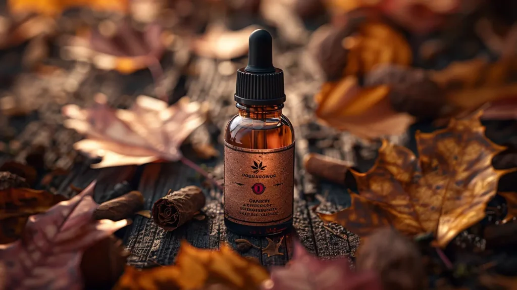 Flacon d'e-liquide à saveur d'automne entouré de feuilles mortes. Qui représenté la saveur tabac classique