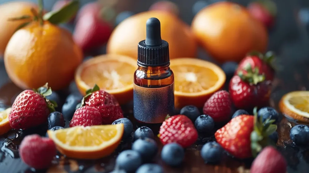 Flacon d'e-liquide aux saveurs de fruits, avec des fraises, des myrtilles et des oranges.