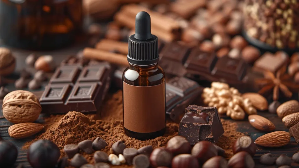 Flacon d'e-liquide au chocolat entouré de morceaux de chocolat et de noix.