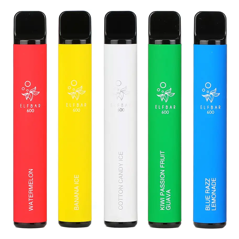 Elf Bar 600 en couleurs éclatantes, chaque barre étant pré-chargée avec des saveurs comme Watermelon, Banana Ice, et Kiwi Passion Fruit, soulignant la commodité et le plaisir des cigarettes électroniques jetables.