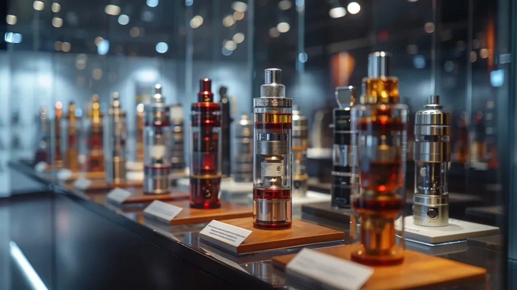 Une rangée de divers atomiseurs pour cigarettes électroniques exposés dans une vitrine, représentant différents modèles et designs de vapes.