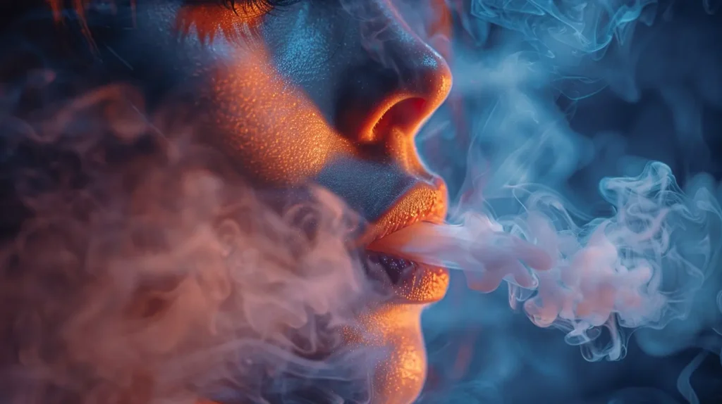 Femme exhalant de la vapeur de cigarette électronique dans une ambiance lumineuse et enfumée, illustrant le concept de chain vaping.