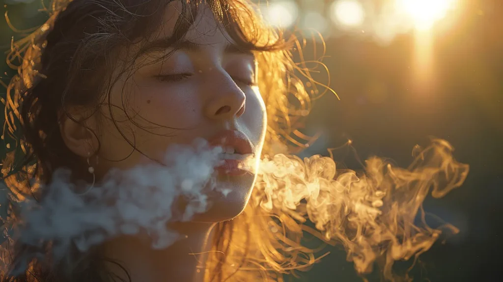 Femme exhalant de la vapeur de cigarette électronique au coucher du soleil, illustrant la pratique de la Vape DL avec des rayons de lumière dorés en arrière-plan.