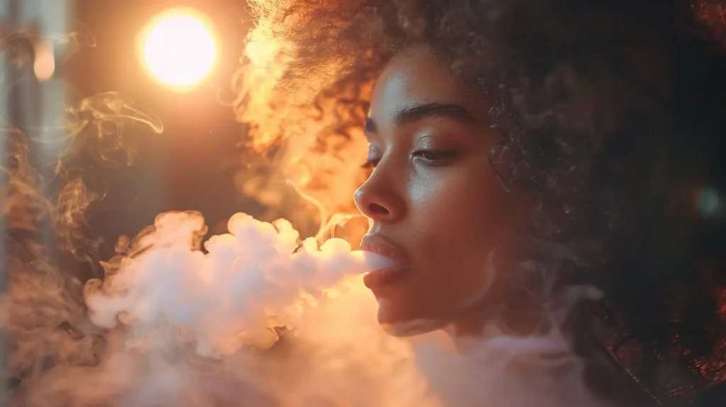 Une jeune femme avec des cheveux bouclés exhale un nuage de vapeur dense, démontrant comment utiliser une cigarette électronique dans un environnement chaleureux et tamisé. La lumière douce et dorée ajoute une ambiance apaisante à la scène.