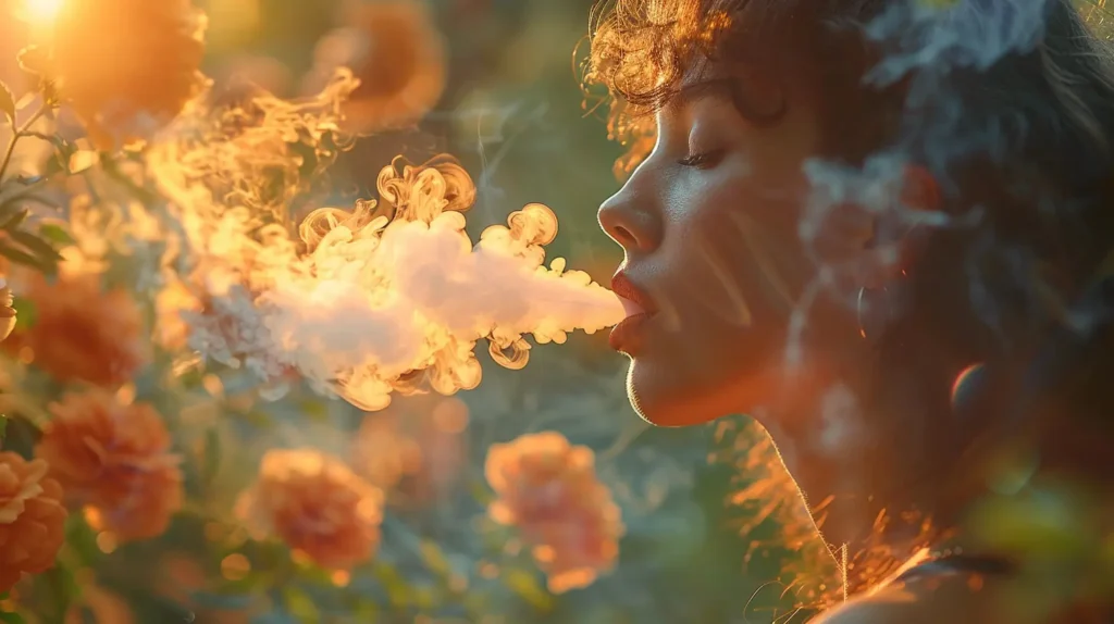 Femme fumant une puff, entourée de fleurs orange, démontrant comment fumer une puff. La vapeur est exhalée de manière artistique dans un cadre naturel et ensoleillé.