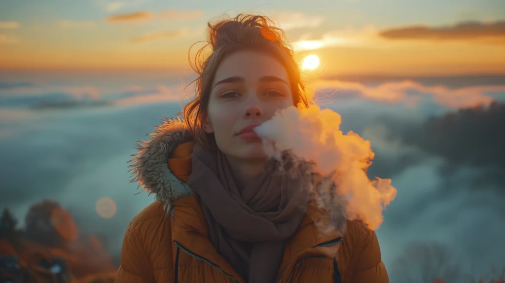 Une jeune femme portant une parka avec une capuche en fourrure, vapote en plein air au lever du soleil. La vapeur qu'elle exhale se mélange à la lumière dorée du matin, créant une atmosphère calme et réfléchie, suggérant l'utilisation du vapotage comme moyen pour arrêter de fumer.