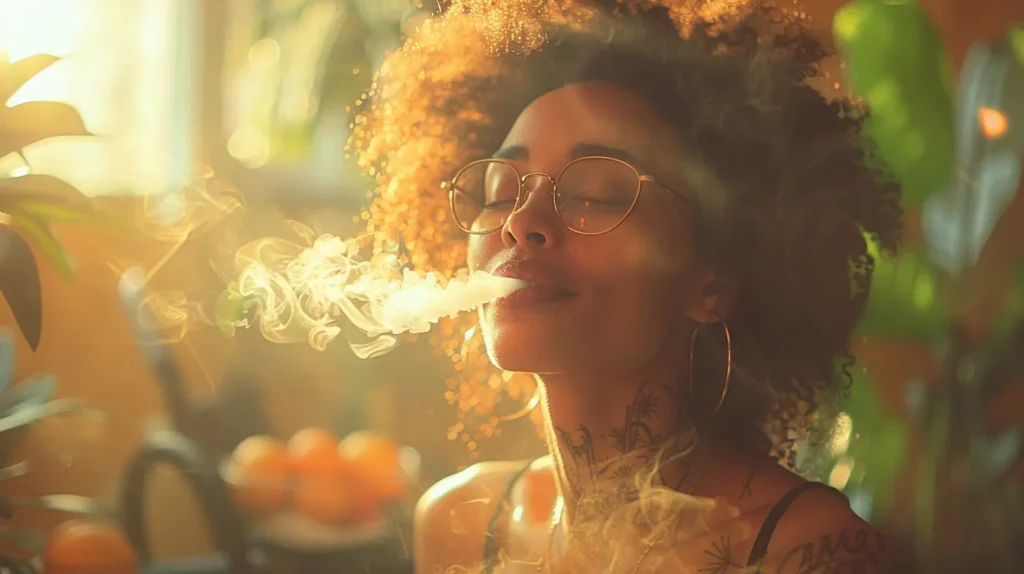 Une jeune femme avec des lunettes rondes et des cheveux bouclés exhale de la vapeur en souriant, baignée par une lumière douce et dorée dans un environnement intérieur avec des plantes. Cette image montre les bienfaits du vapotage, mettant en avant la sensation de bien-être et de relaxation qu'il peut apporter.