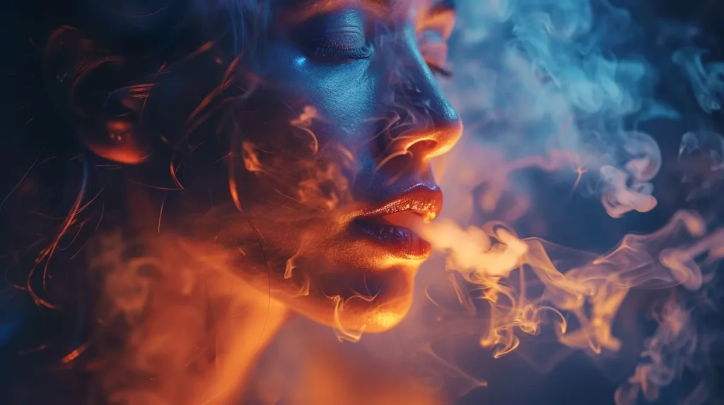 Femme vaporisant de la vapeur colorée d'une cigarette électronique, illuminée dans une ambiance sombre et mystique. Cette image capture l'expérience immersive de vapoter avec un accent sur l'esthétique visuelle et les effets de lumière.